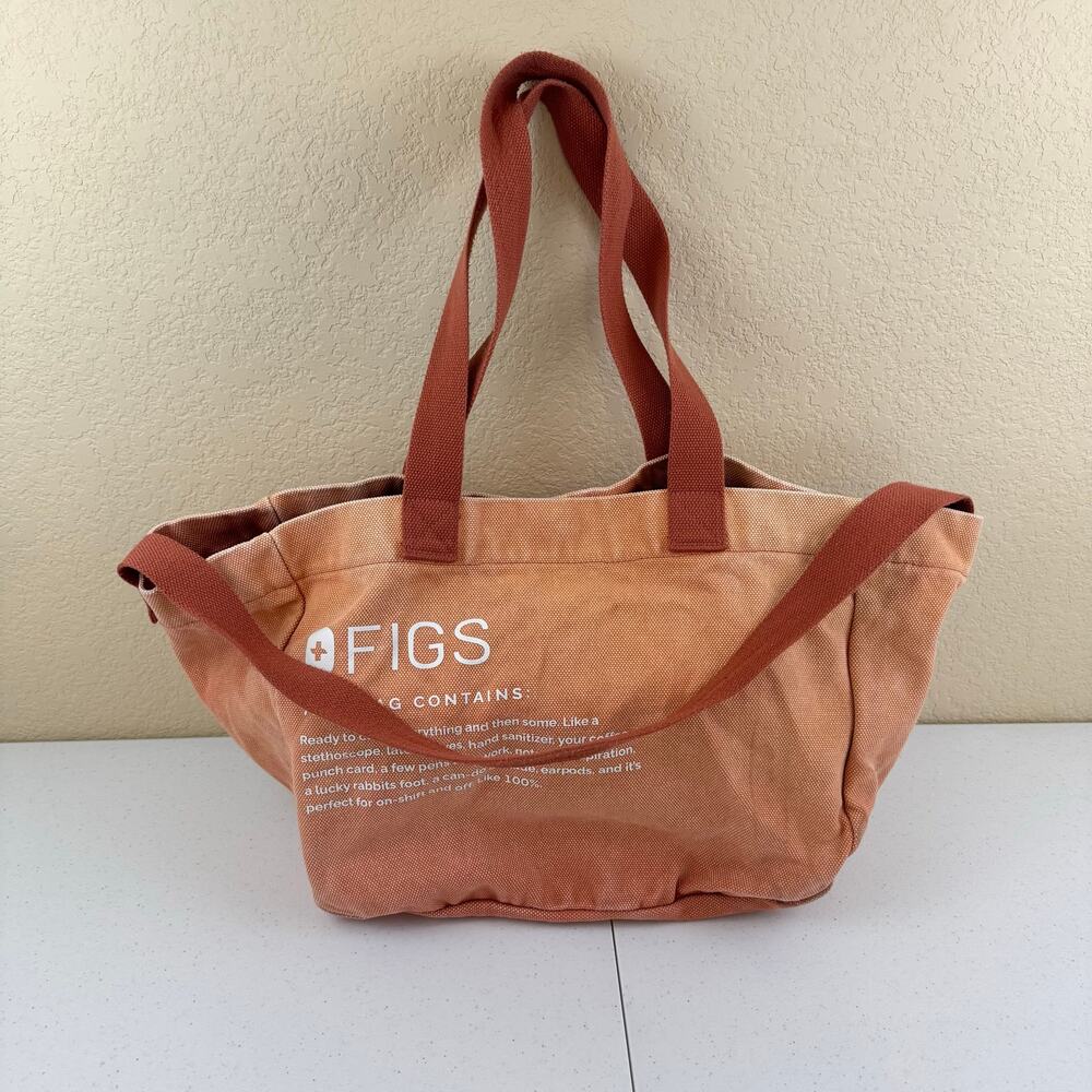 FIGS Canvas Tote Bag Orange Snap and Clip Closures Pockets Double Handles READ